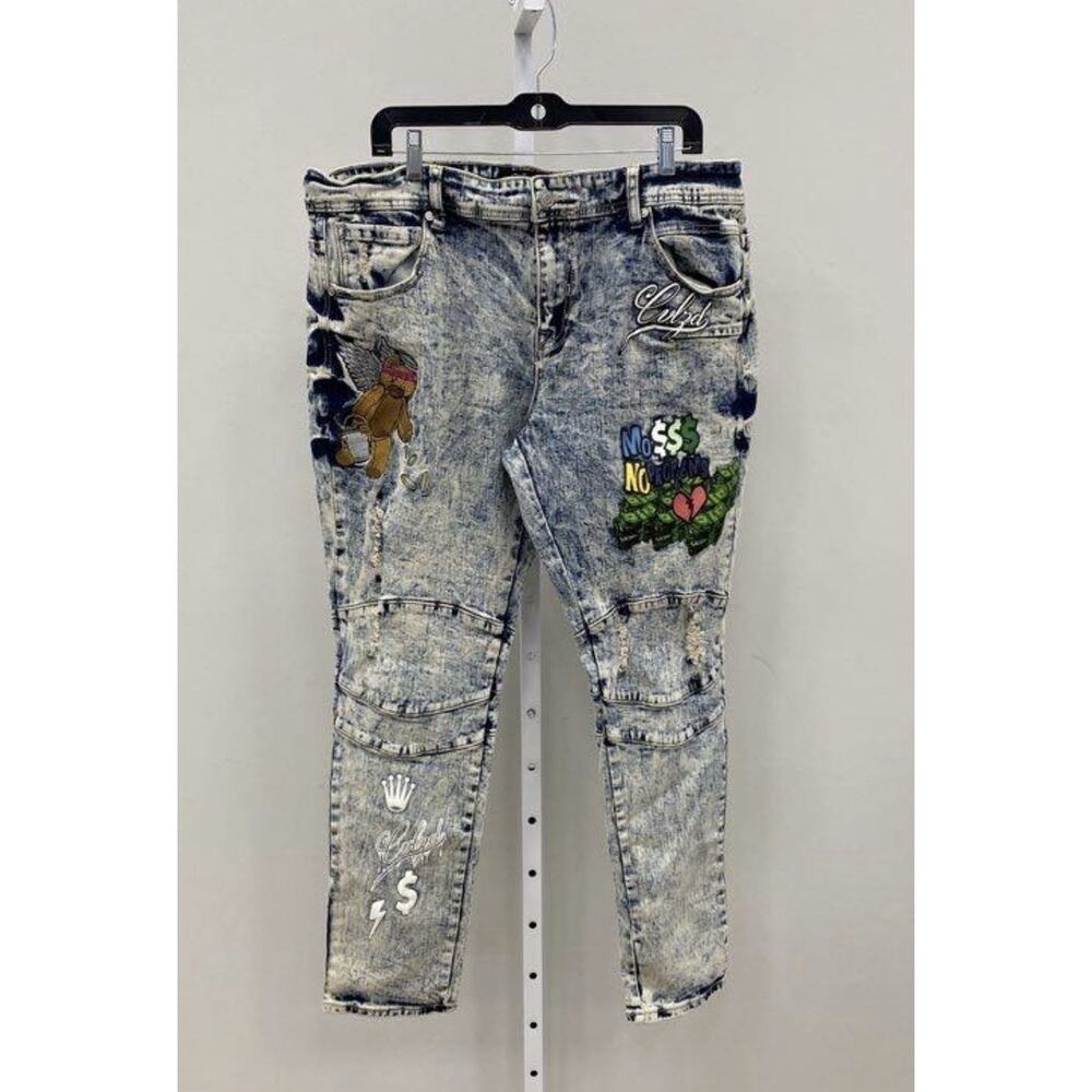 CivilizeD Mens 40x32 Jeans Embroidered Design Light Denim Printed Graphic Pant